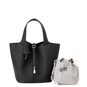 Women's Cowhide Black Handbag 22 cm in Black